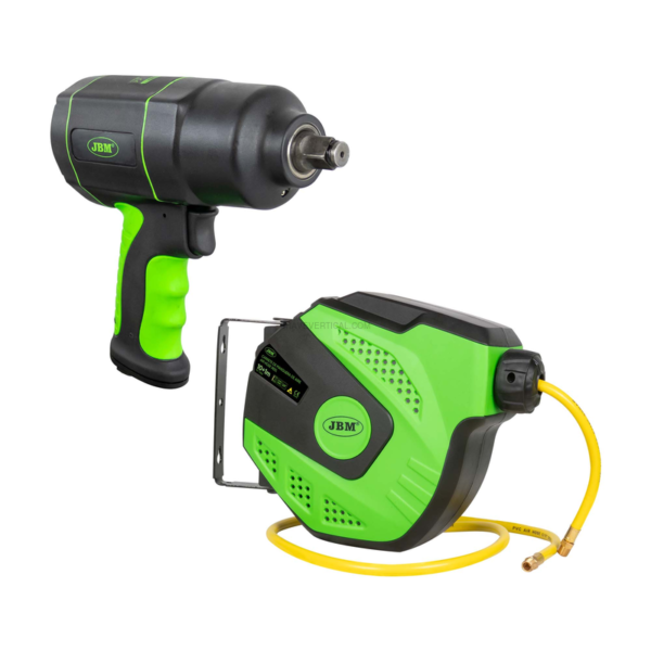 53608 Chave de Impacto 1/2" 1200Nm + 53882 Enrolador de Mangueira de Ar de 11M - Verde JBM