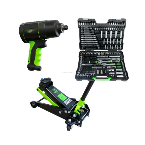 53608 Pistola Impacto 1/2"+ 50818 Macaco Hidráulico+ 54034 Caixa de Ferramentas de 216 Peças JBM