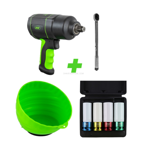 53608 Pistola Impacto 1/2"+ 51127 Chave Dinamométrica + 52338 Kit 4 Chaves Impacto+ 52466 Recipiente JBM