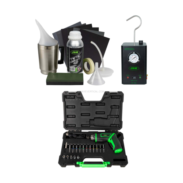 53673 Kit de Restauro de Faróis + 54524 Detetor de Fugas + 54683 Aparafusadora a Bateria JBM