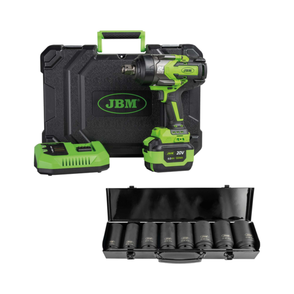 60048C Chave de Impacto Sem Fio 3/4" 1300Nm + 52347 Kit de 8 Chaves de Impacto Hex. 3/4” JBM