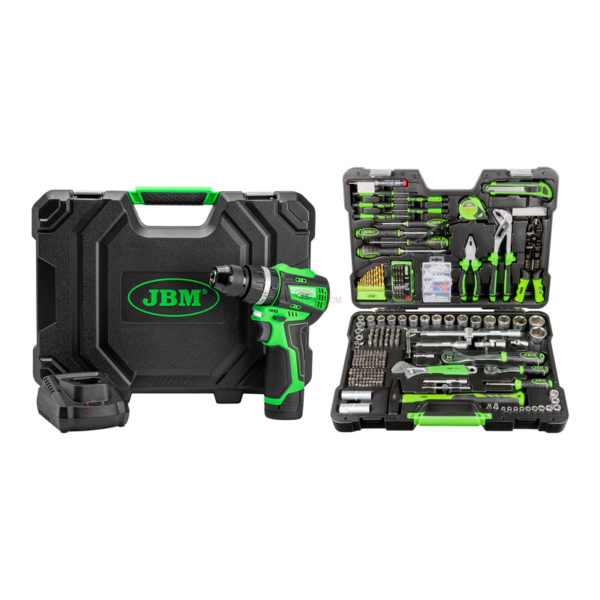 60058C Martelo Perfurador Sem Escovas 12V com Caixa + 53212 Mala de Ferramentas de 302 Peças JBM