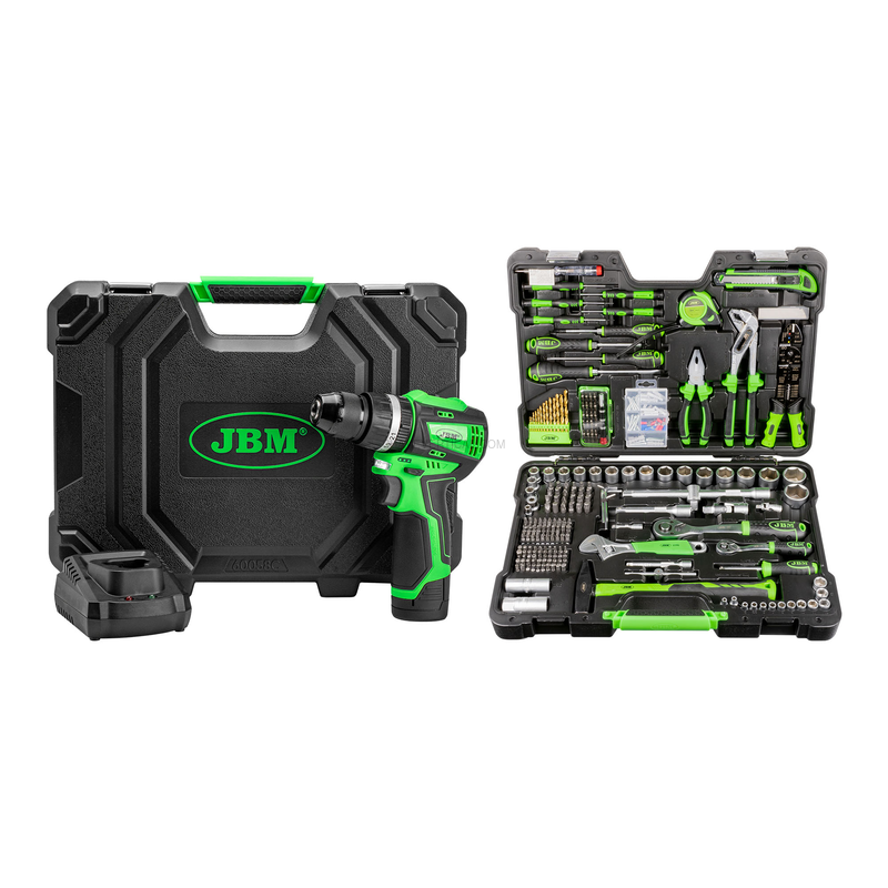 60058C Martelo Perfurador Sem Escovas 12V com Caixa + 53212 Mala de Ferramentas de 302 Peças JBM