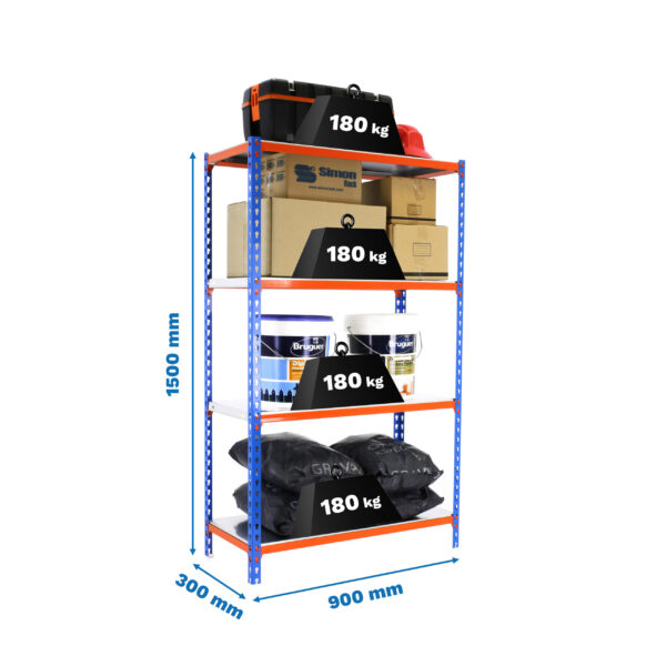 Estante Metálica SIMONCLICK 4/300 1500 Azul/Laranja/Galvanizado - 1500 x 900 x 300 mm