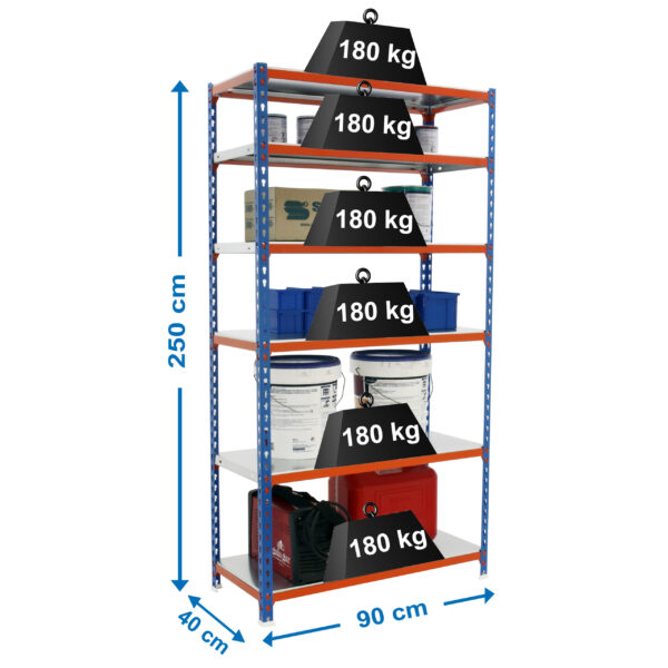 Estante Metálica SIMONCLICK 6/400 Azul/Laranja/Galvanizado - 2500 x 900 x 400 mm