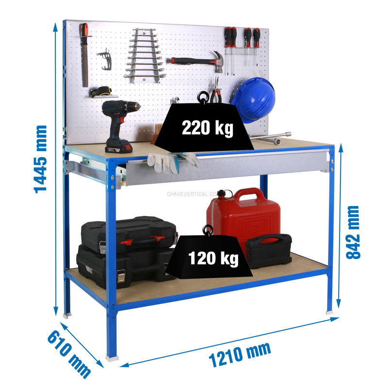 Bancada de Trabalho ECOWORK BT2 BOX CLICK 1200X600 Azul/Galvanizado/Madeira - 1445 x 1210 x 610 mm