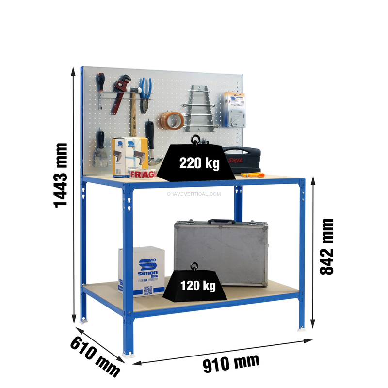 Bancada de Trabalho ECOWORK BT2 CLICK 900X600 Azul/Galvanizado/Madeira - 1445 x 910 x 610 mm