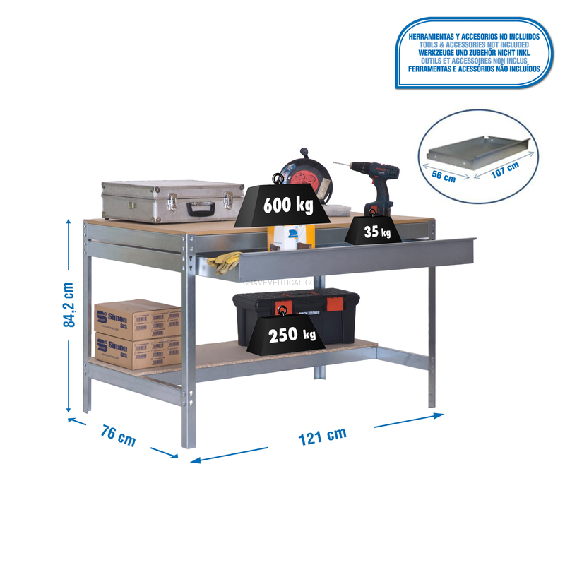 Bancada de Trabalho SIMONWORK BT0 BOX 1200 Galvanizado/Madeira - 842 x 1210 x 760 mm