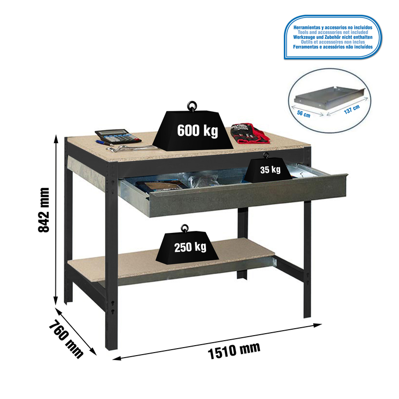 Bancada de Trabalho SIMONWORK BT0 BOX 1500 Antracite/Madeira - 842 x 1510 x 760 mm