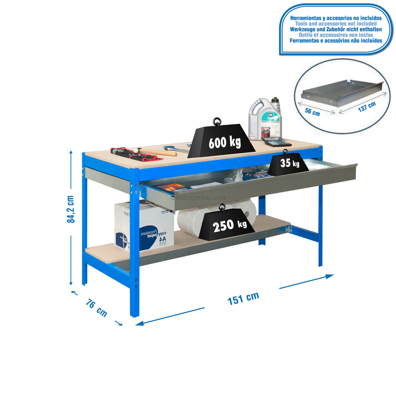 Bancada de Trabalho SIMONWORK BT0 BOX 1500 AZUL/Madeira - 842 x 1510 x 760 mm