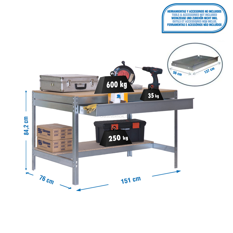 Bancada de Trabalho SIMONWORK BT0 BOX 1500 Galvanizado/Madeira - 842 x 1510 x 760 mm