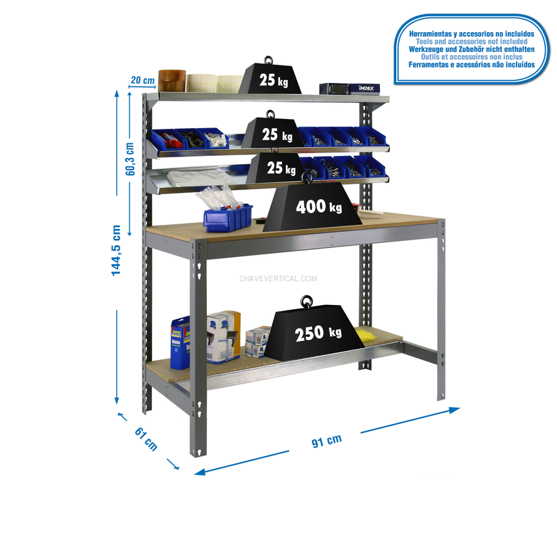 Bancada de Trabalho SIMONWORK BT1 900 Cinzento/Madeira - 1445 x 910 x 610 mm