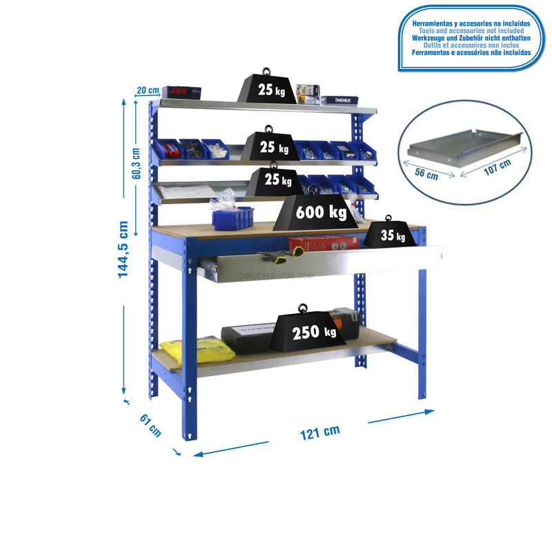 Bancada de Trabalho SIMONWORK BT1 BOX 1200 AZUL/Madeira - 1445 x 1210 x 610 mm