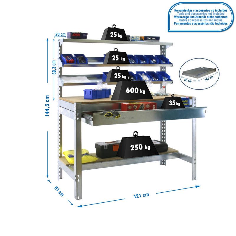 Bancada de Trabalho SIMONWORK BT1 BOX 1200 Galvanizado/Madeira - 1445 x 1210 x 610 mm