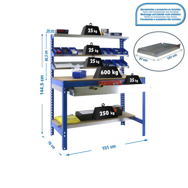 Bancada de Trabalho SIMONWORK BT1 BOX 1500 AZUL/Madeira - 1445 x 1510 x 760 mm