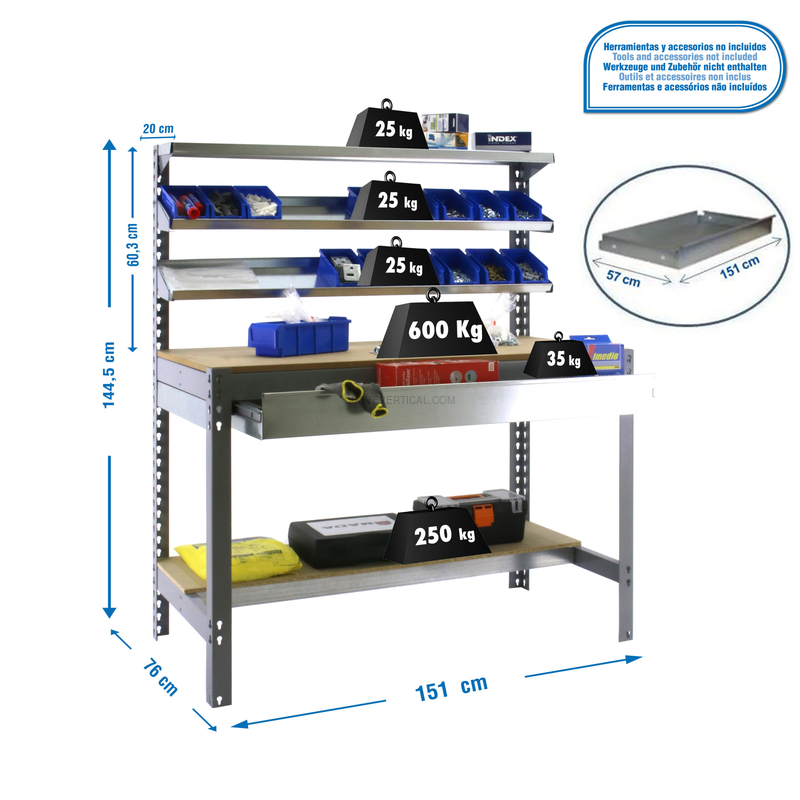 Bancada de Trabalho SIMONWORK BT1 BOX 1500 Cinzento/Madeira - 1445 x 1510 x 760 mm