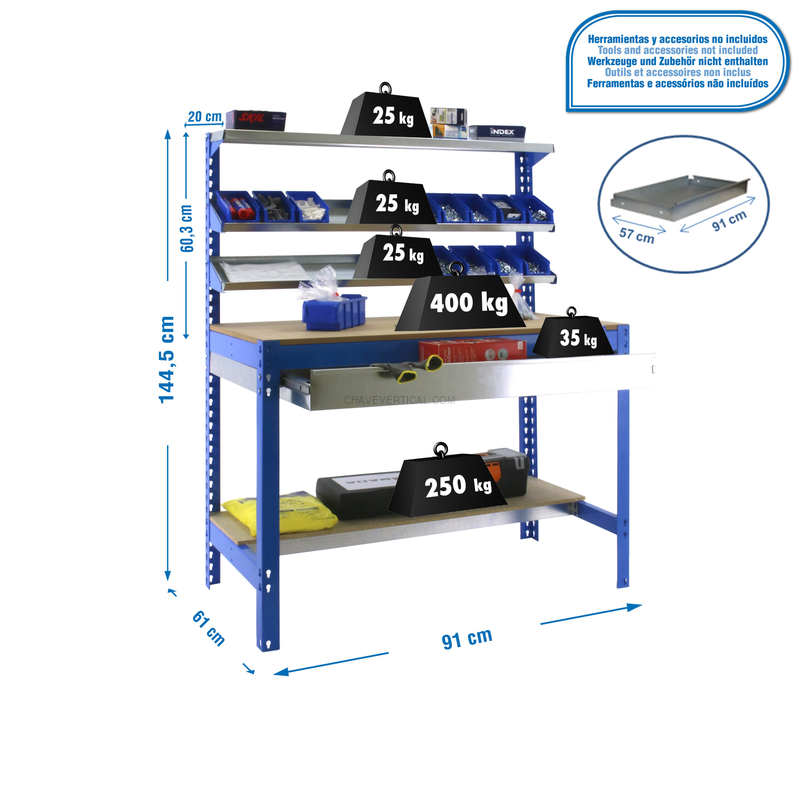 Bancada de Trabalho SIMONWORK BT1 BOX 900 AZUL/Madeira - 1445 x 910 x 610 mm