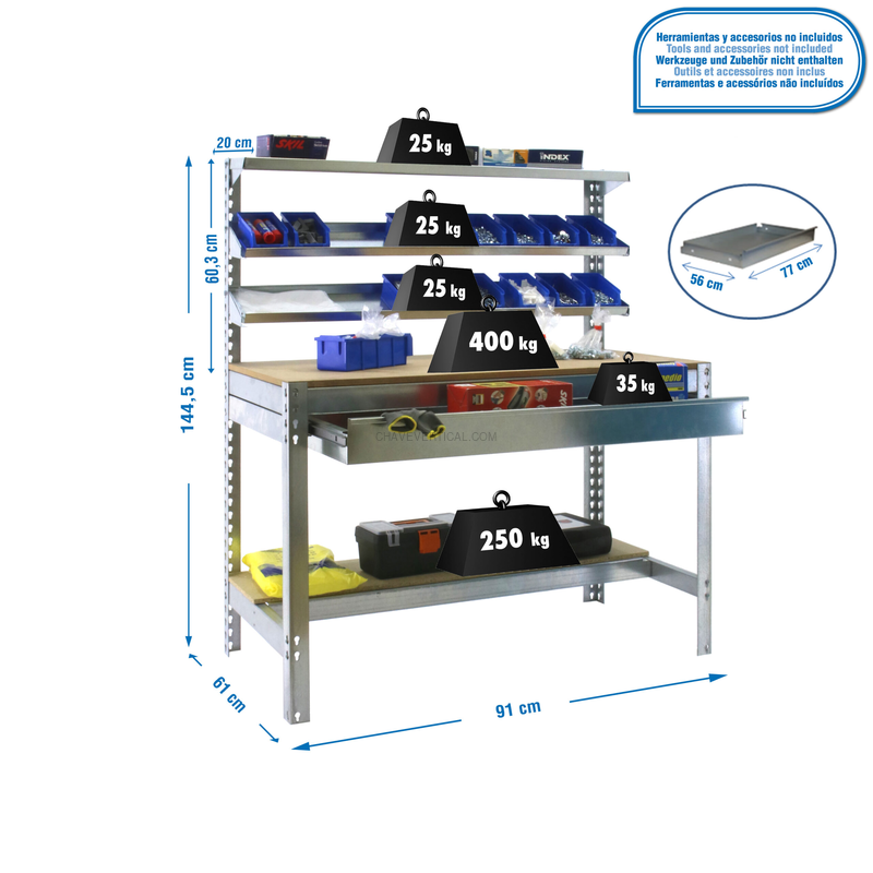 Bancada de Trabalho SIMONWORK BT1 BOX 900 Galvanizado/Madeira - 1445 x 910 x 610 mm