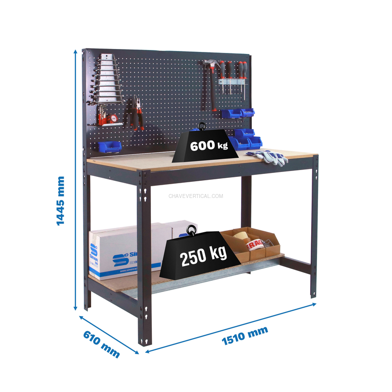 Bancada de Trabalho SIMONWORK BT2 1500 Antracite/Madeira - 1445 x 1510 x 610 mm