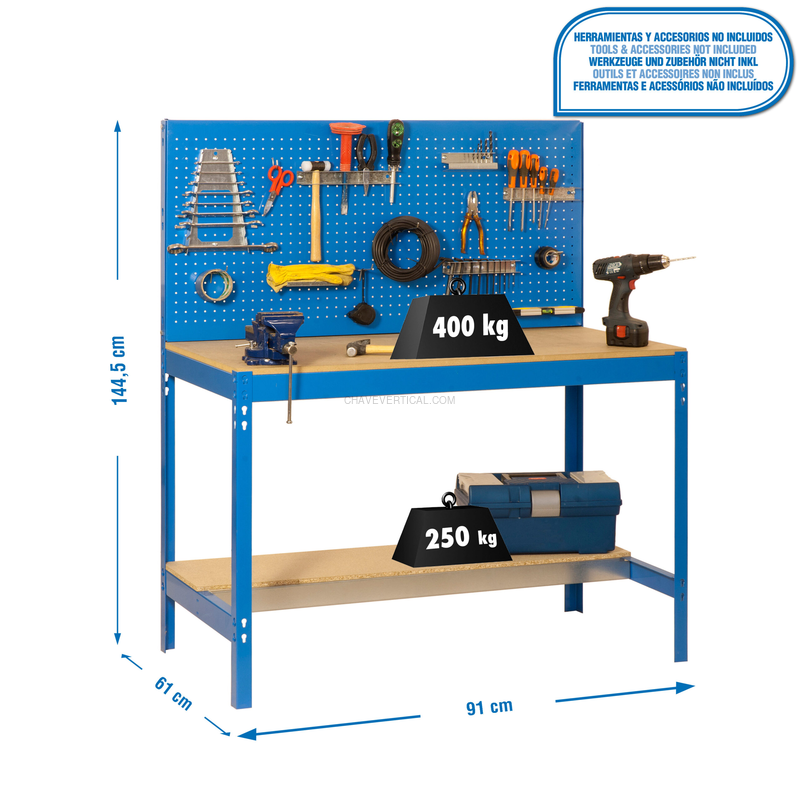 Bancada de Trabalho SIMONWORK BT2 900 AZUL/Madeira - 1445 x 910 x 610 mm