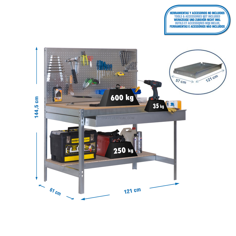 Bancada de Trabalho SIMONWORK BT2 BOX 1200 Galvanizado/Madeira - 1445 x 1210 x 610 mm