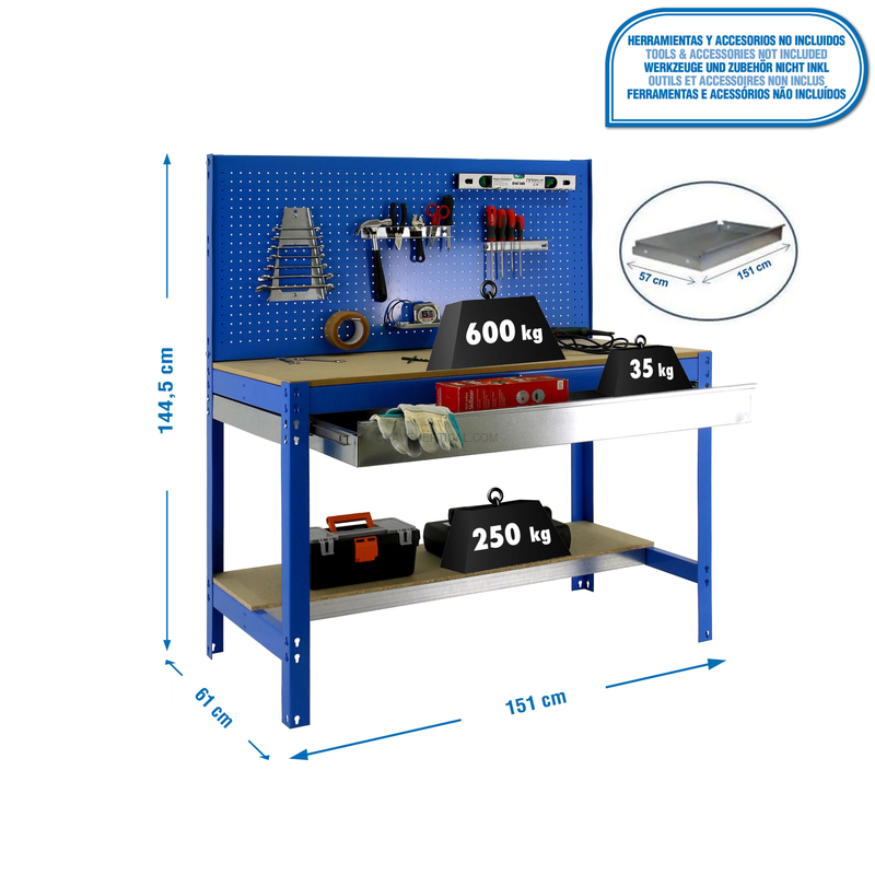 Bancada de Trabalho SIMONWORK BT2 BOX 1500 AZUL/Madeira - 1445 x 1510 x 610 mm