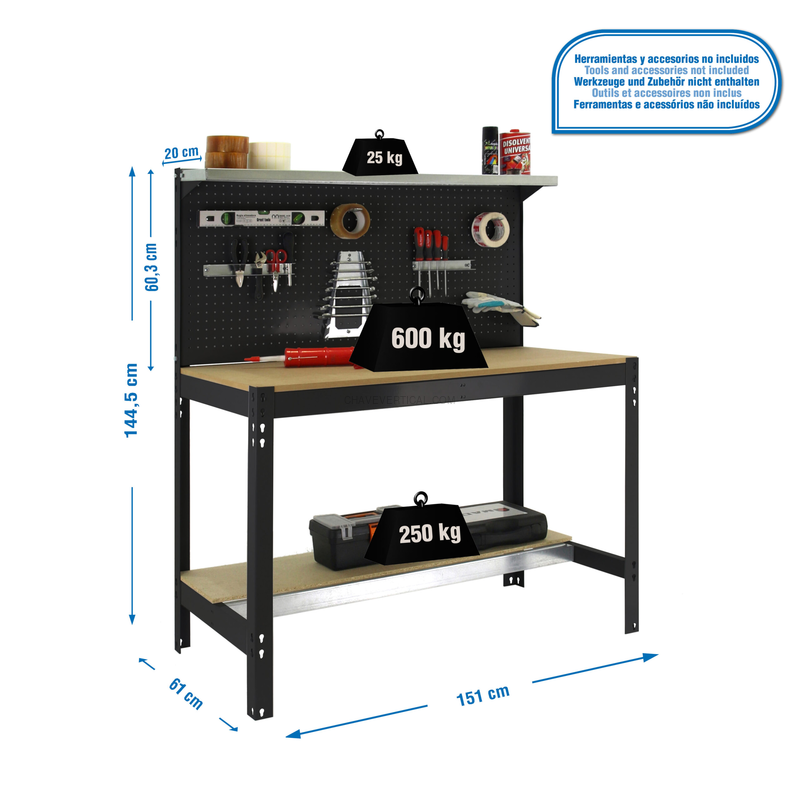 Bancada de Trabalho SIMONWORK BT3 1500 Antracite/Madeira - 1445 x 1510 x 610 mm