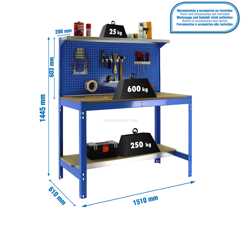 Bancada de Trabalho SIMONWORK BT3 1500 AZUL/Madeira - 1445 x 1510 x 610 mm