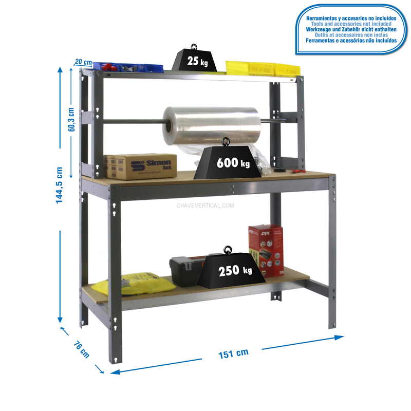 Bancada de Trabalho SIMONWORK BT4 1500 Cinzento/Madeira - 1445 x 1510 x 760 mm