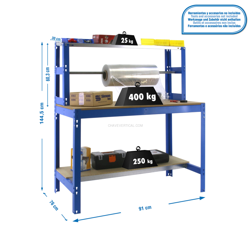 Bancada de Trabalho SIMONWORK BT4 900 AZUL/Madeira - 1445 x 910 x 760 mm