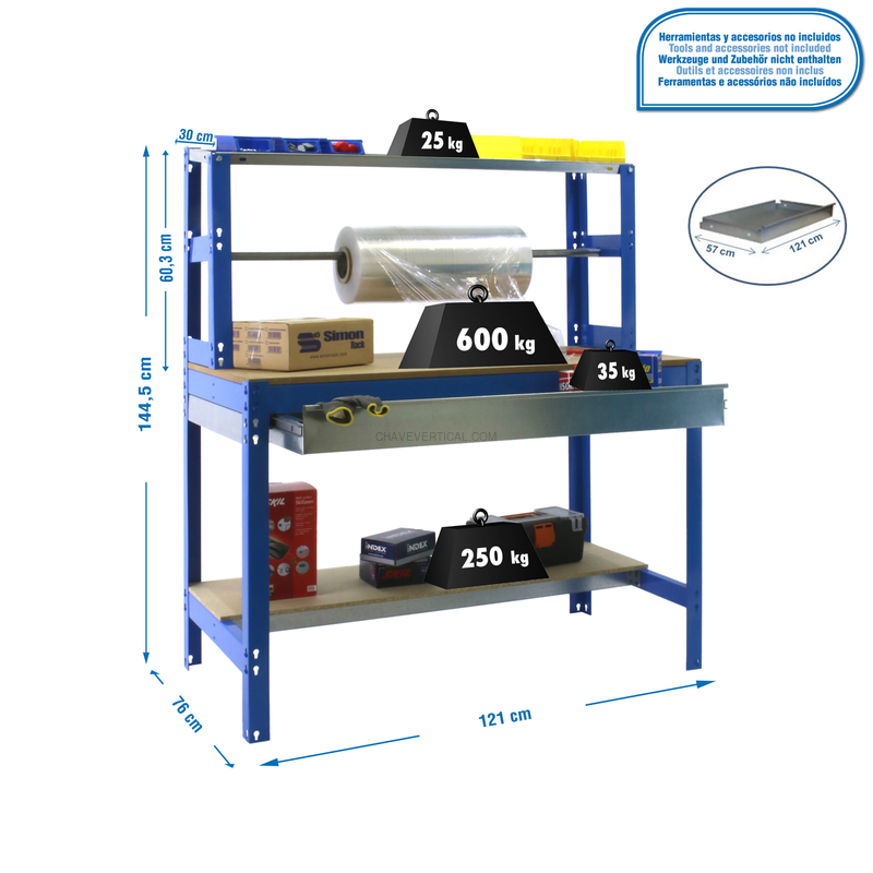 Bancada de Trabalho SIMONWORK BT4 BOX 1200 AZUL/Madeira - 1445 x 1210 x 760 mm