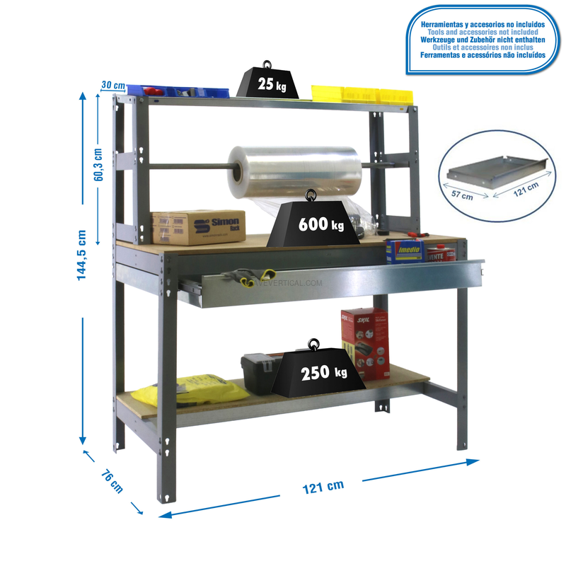 Bancada de Trabalho SIMONWORK BT4 BOX 1200 Cinzento/Madeira - 1445 x 1210 x 760 mm