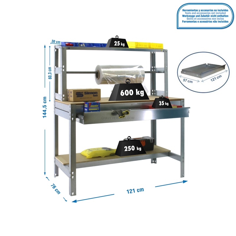 Bancada de Trabalho SIMONWORK BT4 BOX 1200 Galvanizado/Madeira - 1445 x 1210 x 760 mm