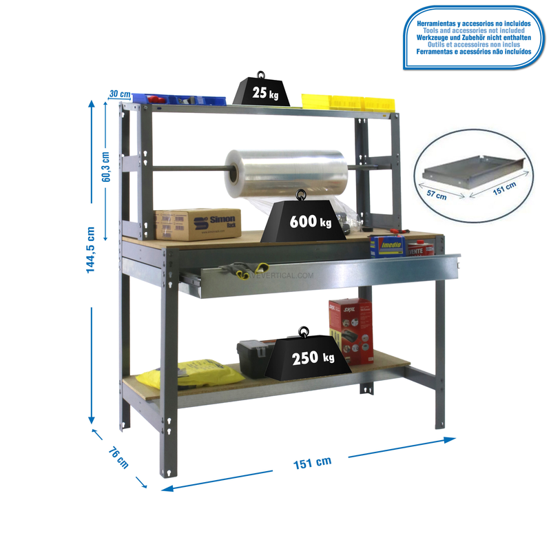 Bancada de Trabalho SIMONWORK BT4 BOX 1500 Cinzento/Madeira - 1445 x 1510 x 760 mm