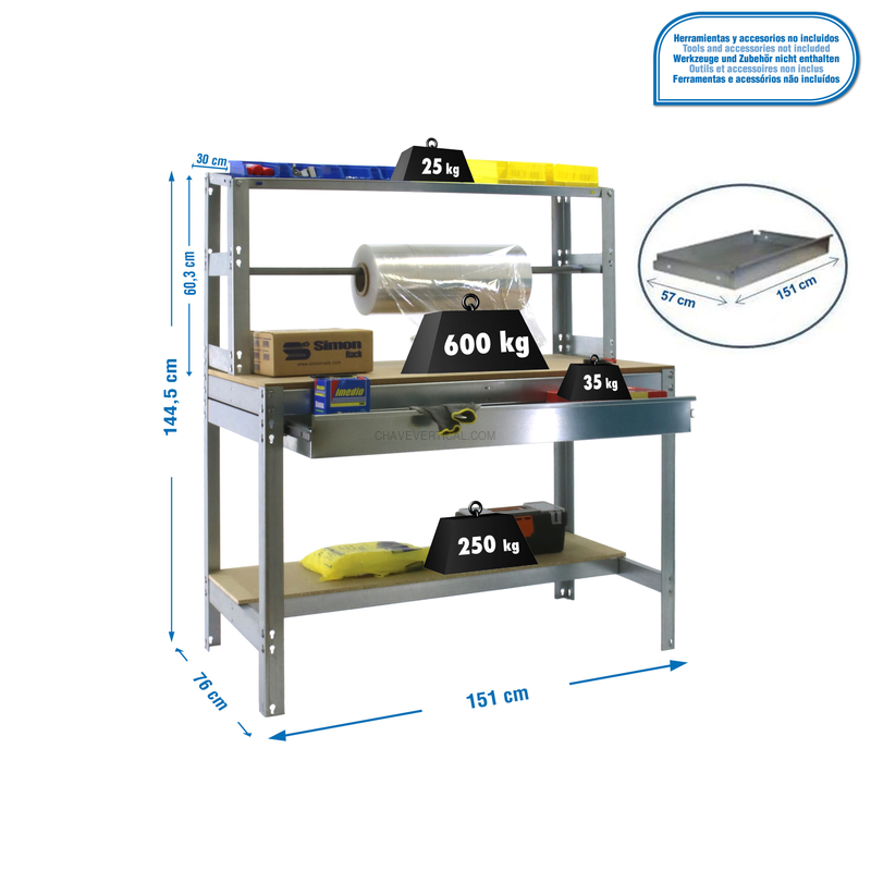 Bancada de Trabalho SIMONWORK BT4 BOX 1500 Galvanizado/Madeira - 1445 x 1510 x 760 mm