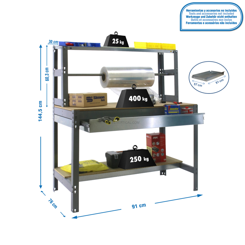 Bancada de Trabalho SIMONWORK BT4 BOX 900 Cinzento/Madeira - 1445 x 910 x 760 mm