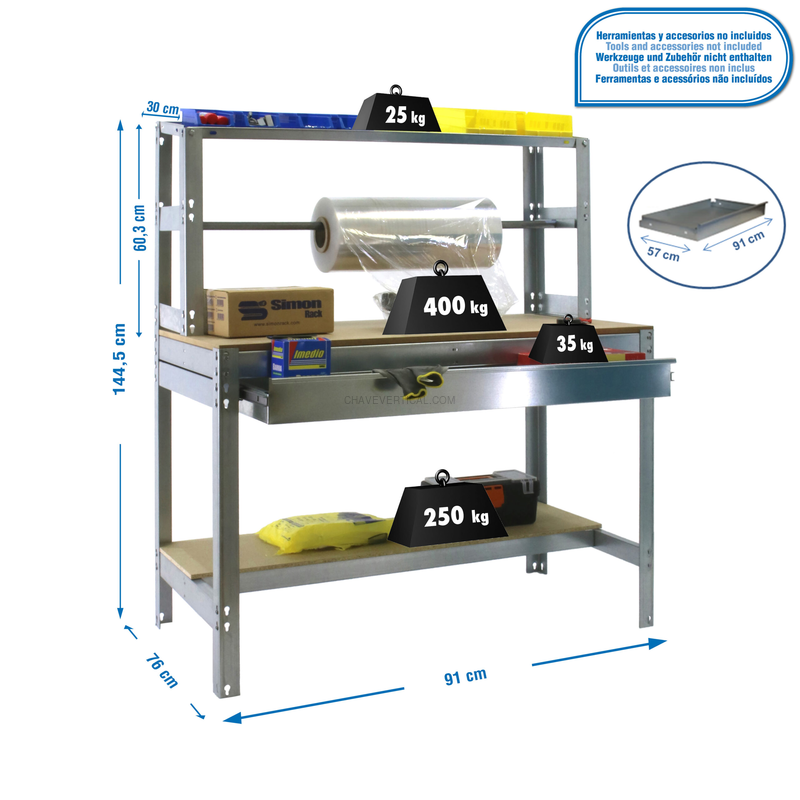 Bancada de Trabalho SIMONWORK BT4 BOX 900 Galvanizado/Madeira - 1445 x 910 x 760 mm