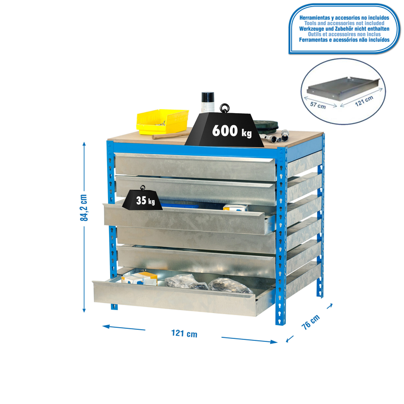 Bancada de Trabalho SIMONWORK BT5 BOX6 1200 AZUL/Madeira - 842 x 1210 x 760 mm