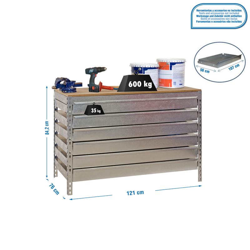 Bancada de Trabalho SIMONWORK BT5 BOX6 1200 Galvanizado/Madeira - 842 x 1210 x 760 mm