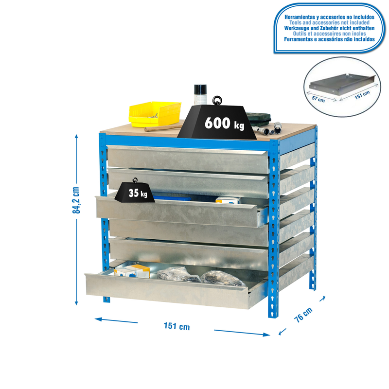 Bancada de Trabalho SIMONWORK BT5 BOX6 1500 AZUL/Madeira - 842 x 1510 x 760 mm