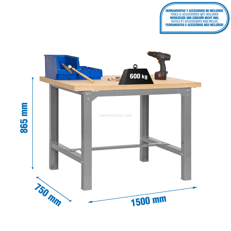 Bancada de Trabalho SIMONWORK BT6 MDF 1500X750 Cinzento/Madeira - 865 x 1500 x 750 mm