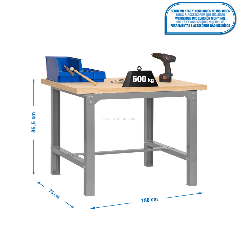 Bancada de Trabalho SIMONWORK BT6 MDF 1800X750 Cinzento/Madeira - 865 x 1800 x 750 mm