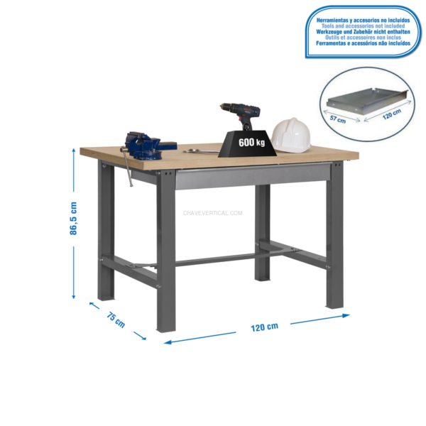 Bancada de Trabalho SIMONWORK BT6 MDF 1BOX 1200X750 Cinzento/Madeira - 865 x 1200 x 750 mm