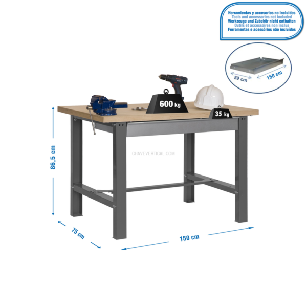 Bancada de Trabalho SIMONWORK BT6 MDF 1BOX 1500X750 Cinzento/Madeira - 865 x 1500 x 750 mm