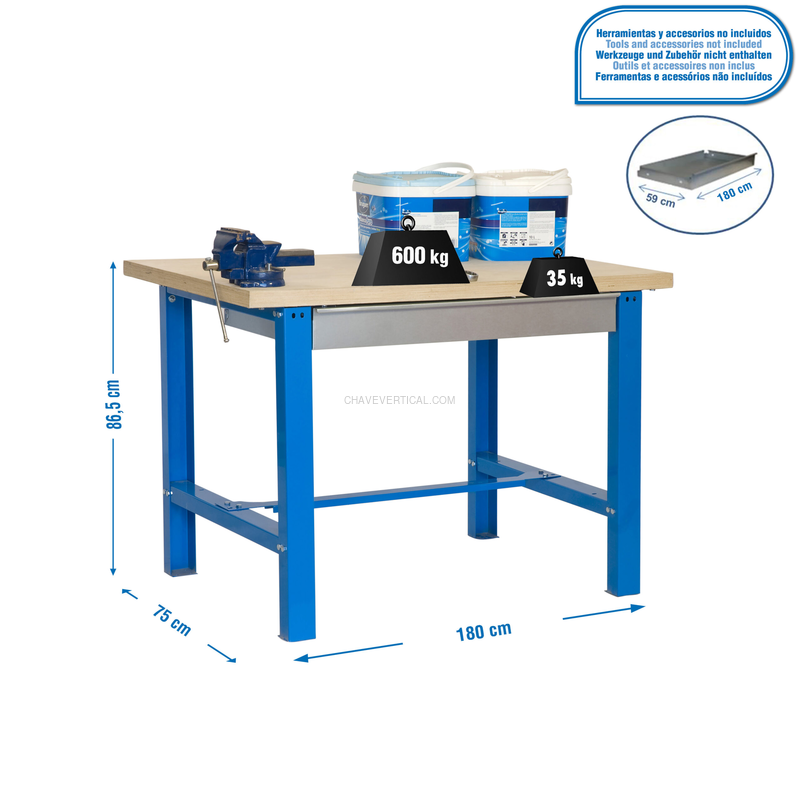 Bancada de Trabalho SIMONWORK BT6 MDF 1BOX 1800X750 AZUL/Madeira - 865 x 1800 x 750 mm