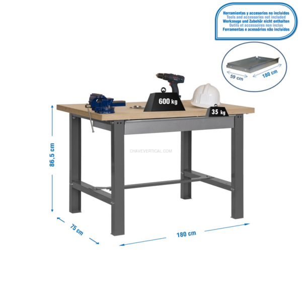 Bancada de Trabalho SIMONWORK BT6 MDF 1BOX 1800X750 Cinzento/Madeira - 865 x 1800 x 750 mm