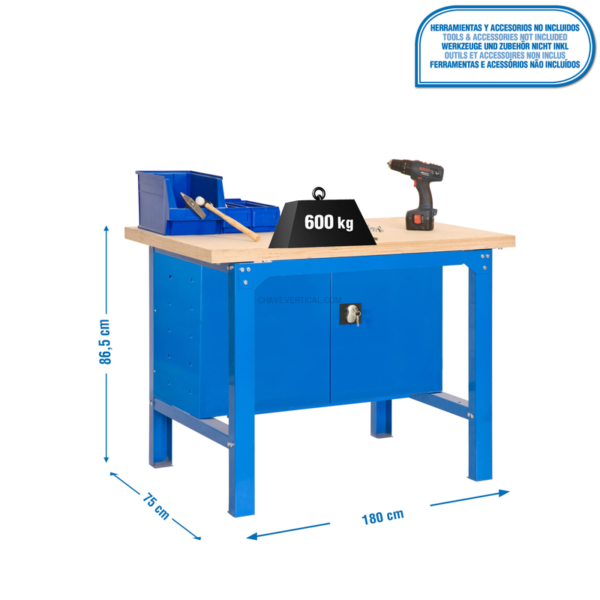 Bancada de Trabalho SIMONWORK BT6 MDF CABINET 1800 AZUL/Madeira - 865 x 1800 x 750 mm