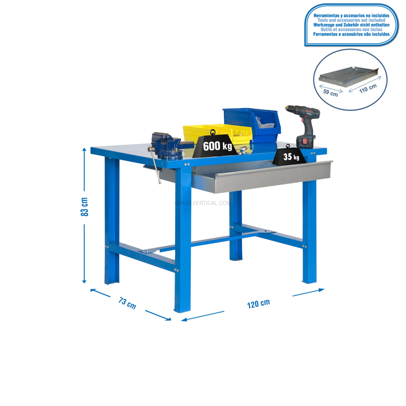 Bancada de Trabalho SIMONWORK BT6 METAL 1BOX 1200X735 AZUL - 830 x 1200 x 730 mm
