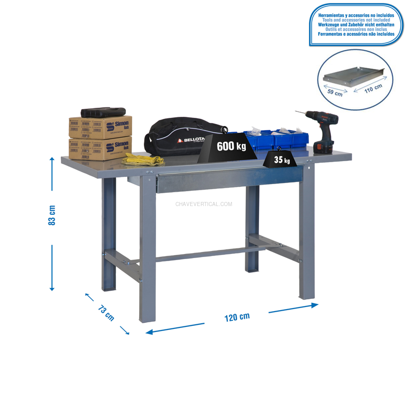 Bancada de Trabalho SIMONWORK BT6 METAL 1BOX 1200X735 Cinzento - 830 x 1200 x 730 mm