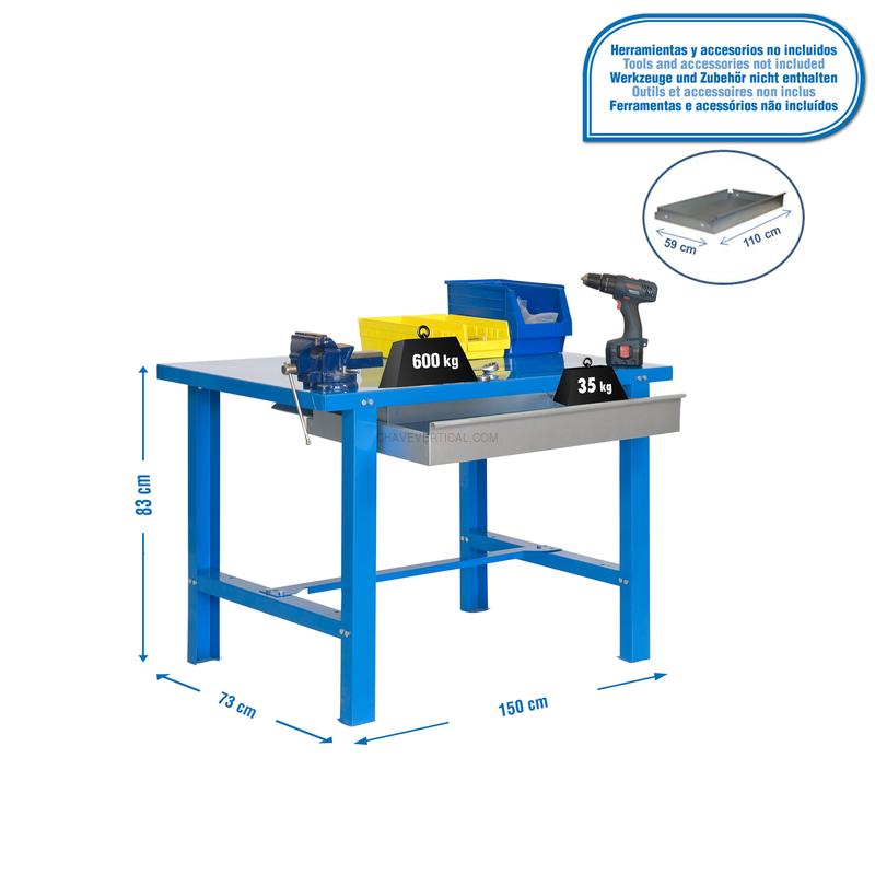 Bancada de Trabalho SIMONWORK BT6 METAL 1BOX 1500X735 AZUL - 830 x 1500 x 730 mm